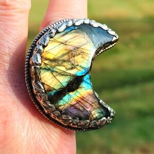 Labradorite Crescent Moon Adjustable Tibetan Ring